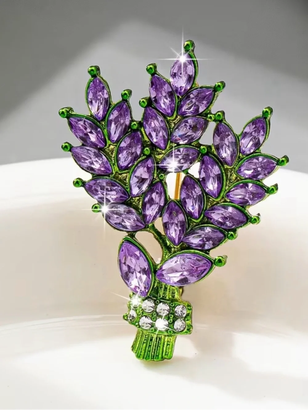 purple lavender bouquet brooch adorned sparkling crystal rhinestones green stems